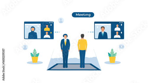 Illustration of a virtual meeting with two people and screens showing other participants online
