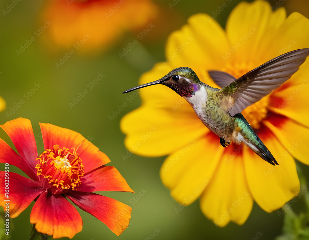 Fototapeta premium A hummingbird in flight over a red and yellow flower. A beautiful background.