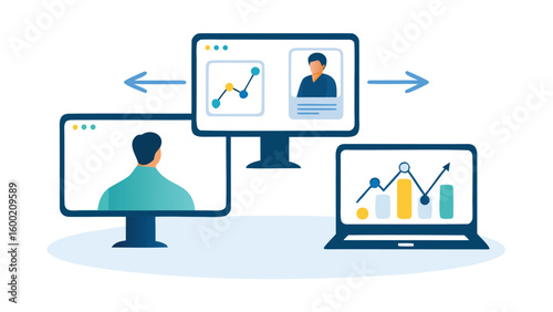 Illustration of three screens displaying data charts and a person in a virtual meeting setup