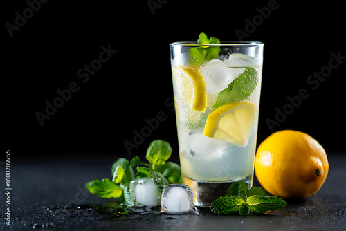 Refreshing lemonade with mint and ice on a dark background