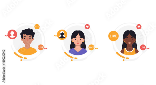 Live streaming avatars set with diverse faces and social media icons
