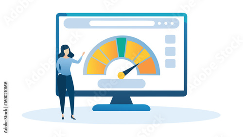 Woman presenting a monitor displaying a performance dashboard with a speedometer style gauge indicator