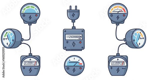 Electric energy meters and plugs in cartoon style for power monitoring