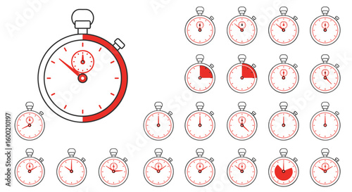 Minimalistic stopwatch icons showing time elapse in red and white desi