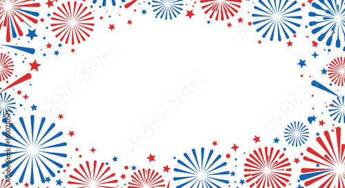 Festive red and blue fireworks frame on white background for celebrati