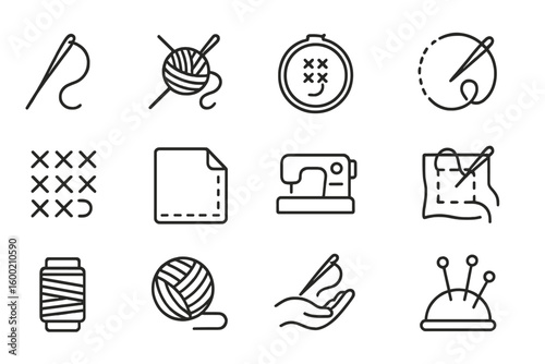 Crafting tools for sewing and needlework displayed in a creative layout featuring yarn, needles, and fabric items