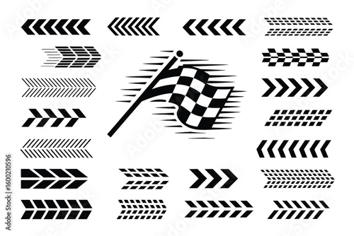 Racing car stripes set with checkered flag, finish line, dynamic lines, and motocross labels for motorsport and automotive competition designs