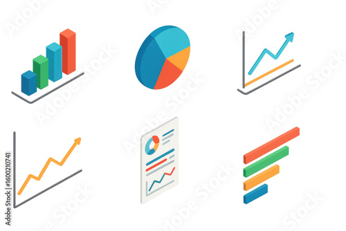 Colorful isometric graphs and charts set for data analysis and business presentations