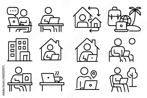 Remote work and online learning activities illustrated with simple line art in different environments