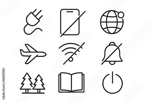 Symbols representing disconnection from technology and nature in a minimalist style