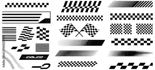 Racing car stripes set with checkered flag, finish line, dynamic lines, and motocross labels for motorsport and automotive competition designs