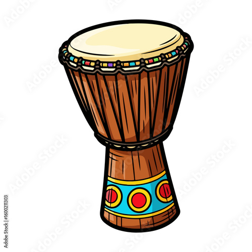 Drum djembe cartoon, colored cartoon with line art and white background. AI generated image.