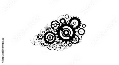 Intricate gear mechanism in black and white silhouette design