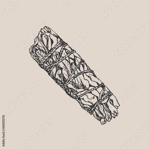 Smudge stick incense - hand drawn line art illustration. Smoldering herbs for fumigation sketch drawing in engraving style, vector clipart