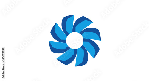 Rotating blue turbine symbol on white background