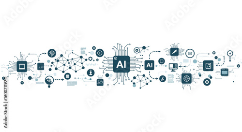 Ai network connections with digital technology icons and circuit patte