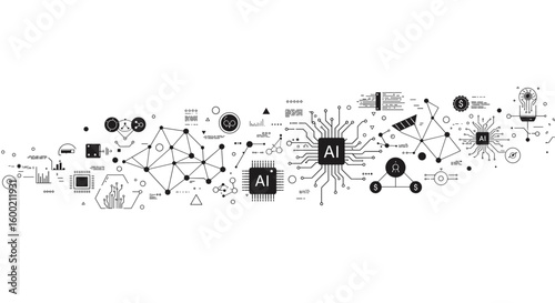 Abstract network with ai and technology elements in black and white