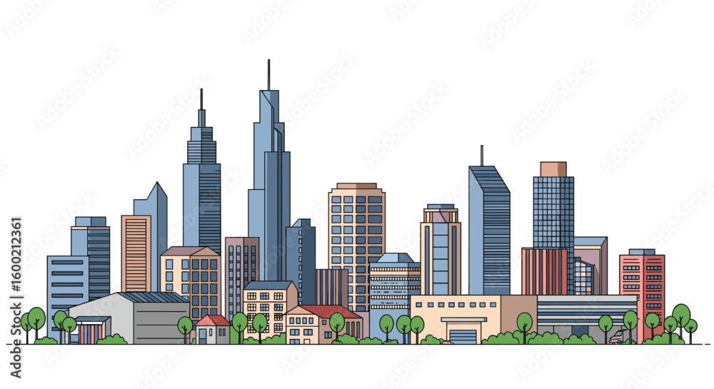Fototapeta premium Urban skyline with modern skyscrapers and green spaces in flat design