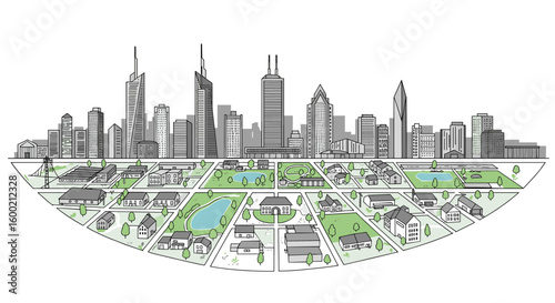 Modern urban cityscape with green spaces and skyscrapers in isometric