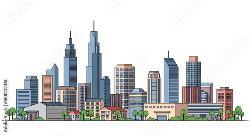 Urban skyline with modern skyscrapers and green spaces in flat design