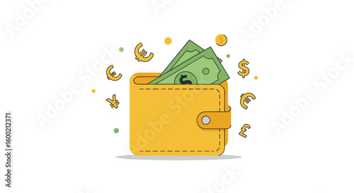 Minimalist yellow wallet with currency symbols and cash