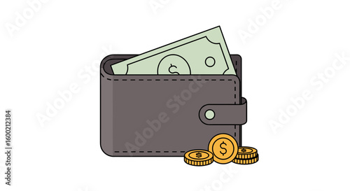 Wallet with cash and coins in simple cartoon style