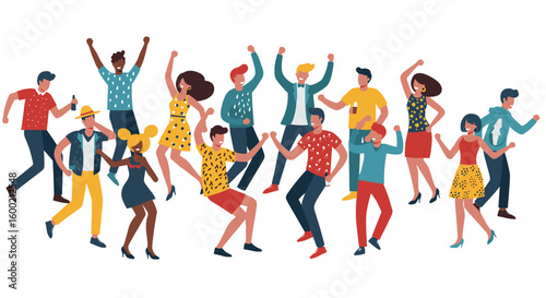 Energetic group dancing party in vibrant modern flat style