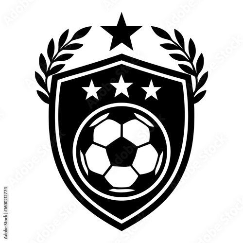 Black and white soccer emblem with shield, stars, laurel wreath, and football icon for sports team logo, tournament branding, vector design