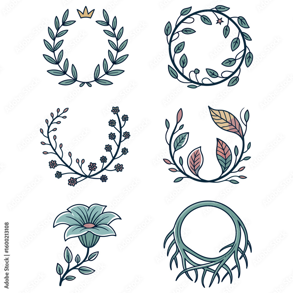 Obraz premium Vector floral design elements: a set of nature illustrations with leaves, flowers, and butterfly silhouettes, perfect for tribal tattoo art, decorative patterns, or logo symbols