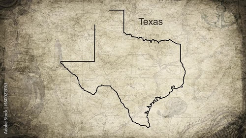 Texas map drawn on a cartography background sheet of paper