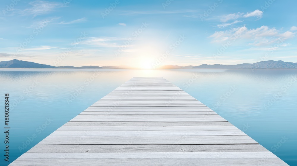 Obraz premium Minimal natural landscape featuring wooden pier extending into quiet bay with hazy sunset, wide open space with soft natural light, blurred background elements like distant mountains or ocean