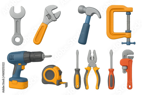 Realistic 3d tools set: hammer, drill, wrench, and pliers illustrations