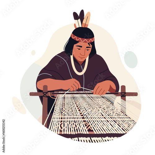 Indigenous person meticulously weaving on a loom, creating intricate textile patterns with focused concentration.