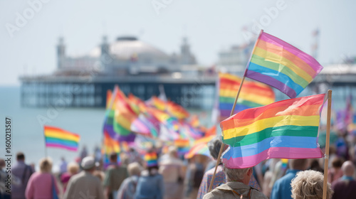 Brighton & Hove Pride Parade on the Seafront with Rainbow Flags and Brighton Pier in the Background