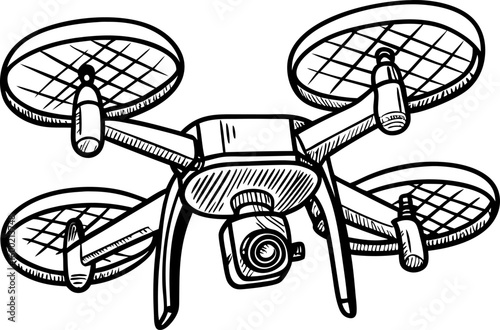 Quadcopter drone illustration modern remote controlled flying technology with four propellers and camera for aerial observation