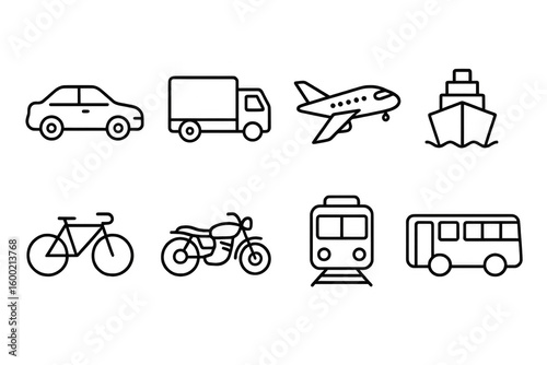 Set of linear transport icons featuring car, truck, airplane, ship and more