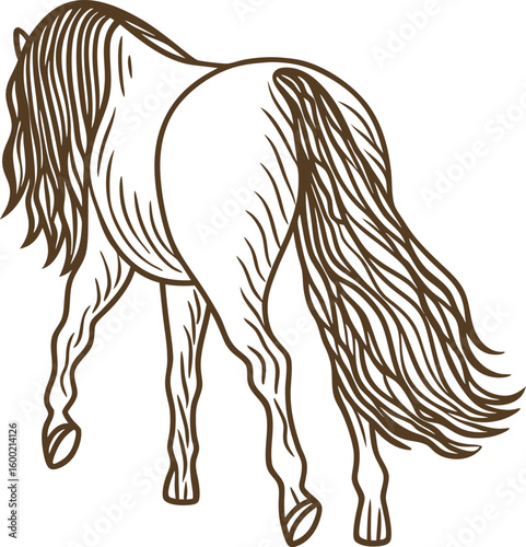 Rear view of walking horse with long flowing mane outline drawing, equine animal illustration