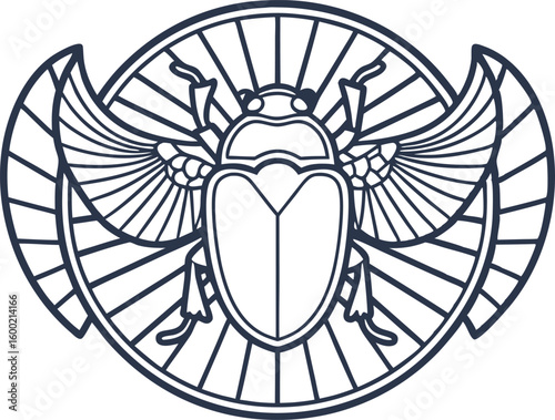 Egyptian scarab beetle design with spread wings ancient line art icon, sacred symbol, mystical amulet illustration