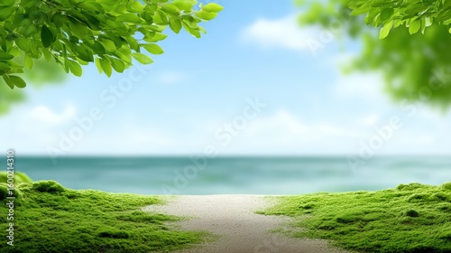 Minimal natural landscape featuring moss-covered forest floor with filtered sunlight and depth, wide open space with soft natural light, blurred background elements like distant mountains or ocean