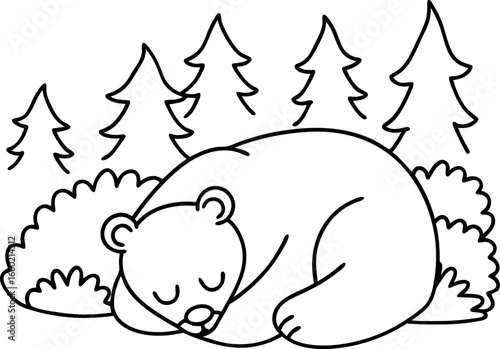 Sleeping bear in forest outline hibernating animal resting amid pine trees and bushes in woodland nature scene
