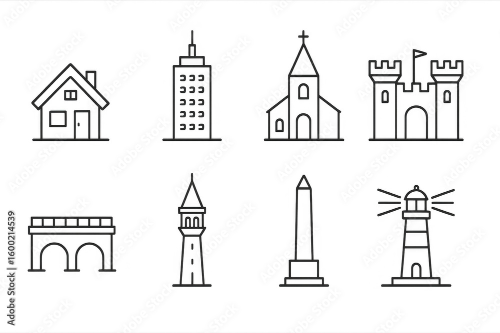 Fototapeta premium Iconic landmark sketches: simple architectural symbols for design