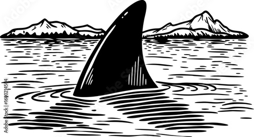 Shark fin above water in ocean, mountains in background dangerous predator, nature, wildlife illustration