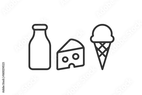 Milk, cheese, and ice cream arranged together in a simple illustration for food lovers