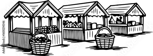 open air market stalls with baskets of fruit and vegetables hand drawn sketch illustration of marketplace booths