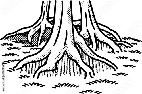 Large tree roots spreading on ground hand drawn vintage illustration, old wood trunk, nature, detailed forest floor