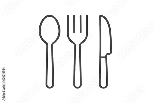 Cutlery arrangement includes a spoon, fork, and knife displayed in a minimalistic style on a plain background