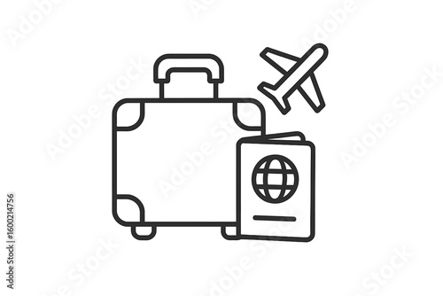 Travel essentials for a journey featuring a suitcase, airplane, and passport with a globe motif