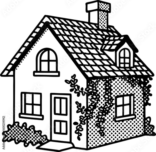 Charming cottage house with ivy climbing walls cozy home, window, roof, chimney, hand drawn black and white illustration