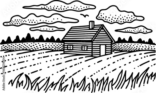 Rustic countryside cabin in field, rural landscape with cloudy sky and grassy meadow, tranquil farmhouse scene