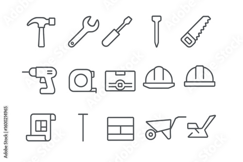 Various construction tools and equipment depicted in simple line art style showcasing essential items for building and repair tasks